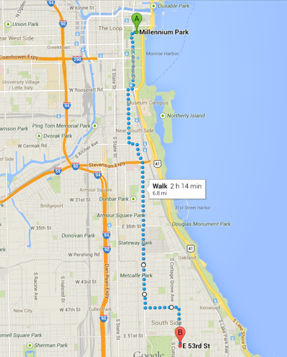 Google Map of the distance I walked: about 60 blocks!
